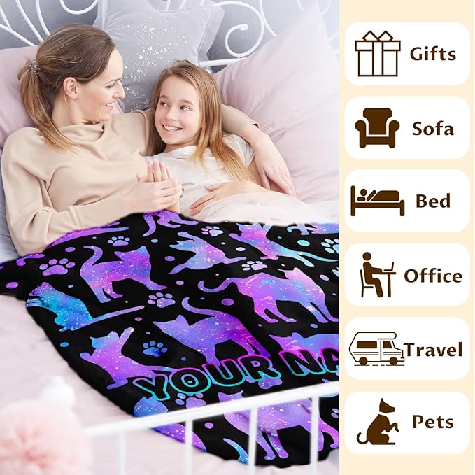 Personalized Cat Blanket Gift with Name for Girls Women Birthday, Soft & Cozy Animal Throw Blanket for Pets Babies Kids Cat Lovers, Custom 30x40 Inch Cute Fuzzy Throws for Lap Sofa Couch