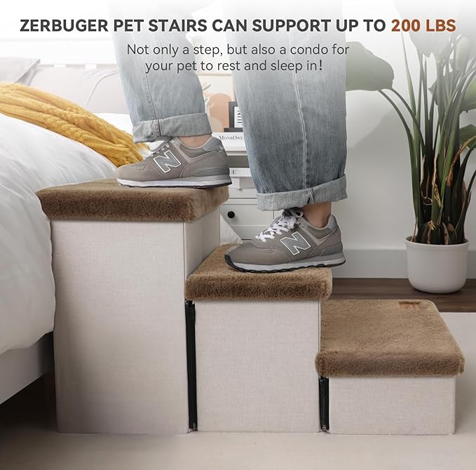 Dog Stairs with Furry Lids 17.5" H, 3-Step Wider Dog Steps with Storage for Small/Medium/Large Dogs Cats, Folding Sturdy Pet Stairs Climbing Bed or Sofa, Dog Ramp for Car Hold Up to 200 lbs, Khaki