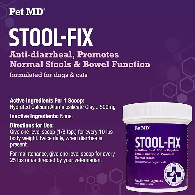 Pet MD Stool-Fix - Powdered Clay Anti Diarrhea for Dogs & Cats - Anti Diarrheal Treatment for Upset Stomach Relief, Promotes Normal Stool - 100g