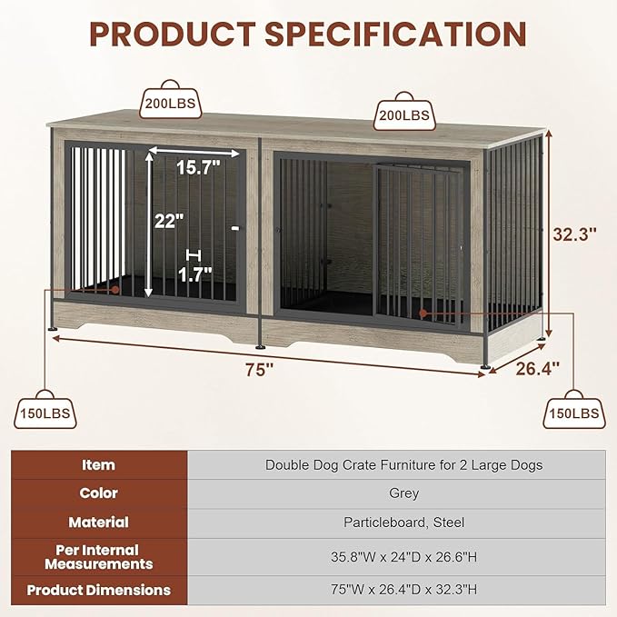 75 Inch Double Dog Crate Furniture, 3 in 1 Dog Cage for Large Dogs, Durable Grey TV Stand Dog Crate with Trays and Divider, Double Dog Kennel for 2 Dogs