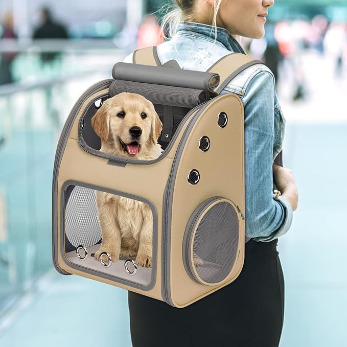 Expandable Pet Carrier Backpack for Cats, Dogs and Small Animals, Portable Pet Travel Carrier, Super Ventilated Design, Airline Approved, Ideal for Traveling/Hiking/Camping, Khaki