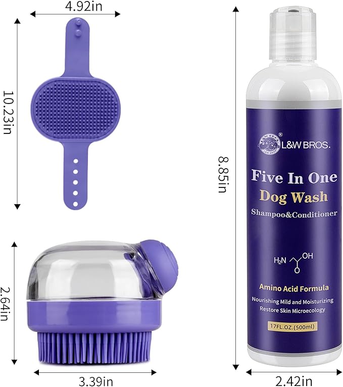 Comotech 3PCS Dog Bath Kit | 5-1 Dog Shampoo and Conditioner | Dog Bath Brush | Dog Scrubber for Bath | Amino Acid Formula (Natural Coconut Oil) Suitable for Puppies and All Pets with Hair - 17oz