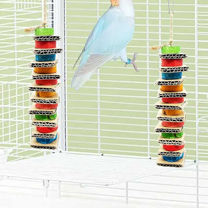 2 Pack Small Bird Chews Toy Natural Cardboard Wood Parrot Chewing Cage Hanging Toys for Conures Parakeet Cockatiel Budgies Love Birds Canary