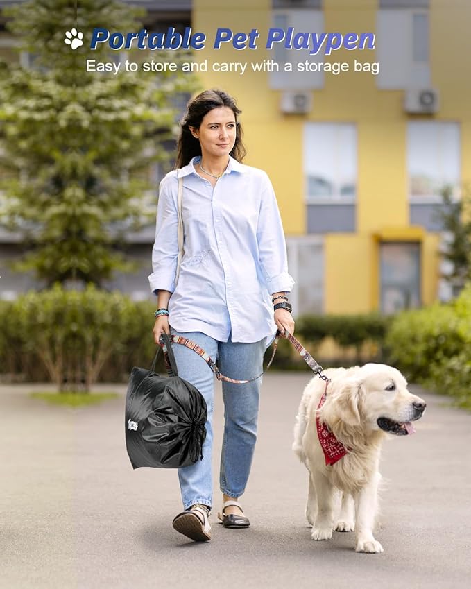 Dog Playpen, 43x43x26 Inches Puppy Playpen Portable Pet Play Pen Indoors with Cover and Gate, Tear Resistant Thickened Fabric Waterproof Bottom Breathable Mesh Dog Fence for Indoor&Outdoor, Gray Black