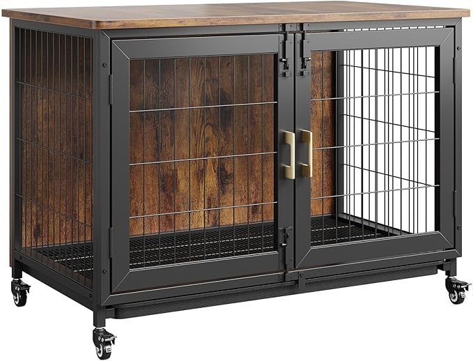 37.5 Inch Wooden Dog Crate with Wheels - Furniture Style Pet Kennel for Small to Medium Dogs Up to 66 Lbs - Multi-Purpose Removable Tray, Decorative Indoor Dog House, Sturdy & Stylish Design