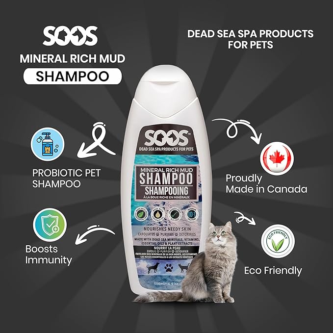 Soos Pet Dog Shampoo for Cats and Pets Mineral Rich Mud Natural Dead Sea Cruelty Free Fast Absorbing Skin Cooling First Aid Antib-acterial and Antif-ungal Odor Remover - 1x Pet Shampoo (500ml)