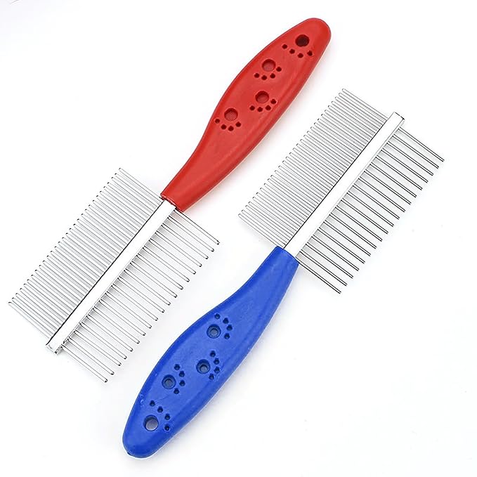 Dual Row Rubber Handle Dog Brush for Small Dogs -Grooming Tool for Puppies, Yorkies, Shih Tzus, Maltipoos & Maltese (Red)
