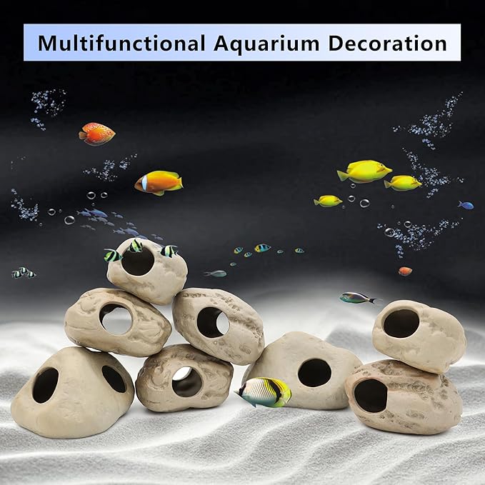 Aquarium Decorations Stackable Ceramic Cave Betta Fish Tank Accessories Rock Cave Decor 8-Piece Set