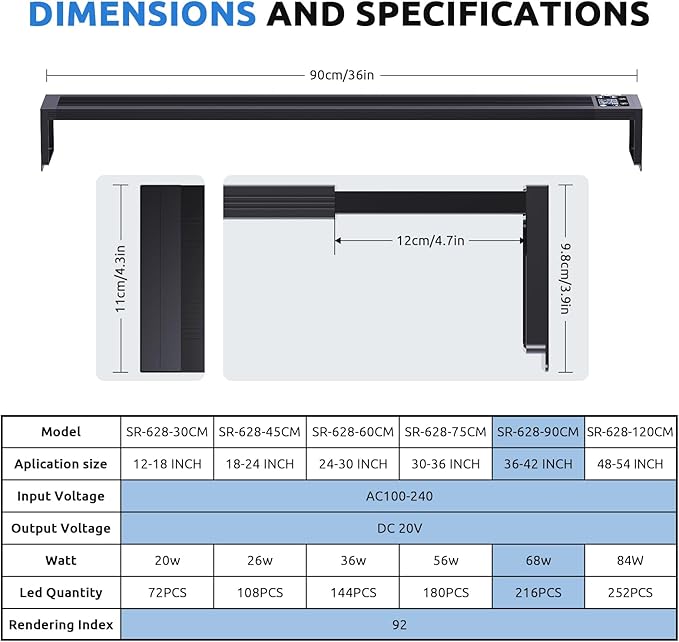 SEAOURA 24/7 LED Aquarium Light for 36-42 Inch Fish Tank, Auto On Off with Timer, 9 Colors, Adjustable Brightness, Daylight Moonlight Mode, Full Spectrum Fish Tank Light for Plants, 68W