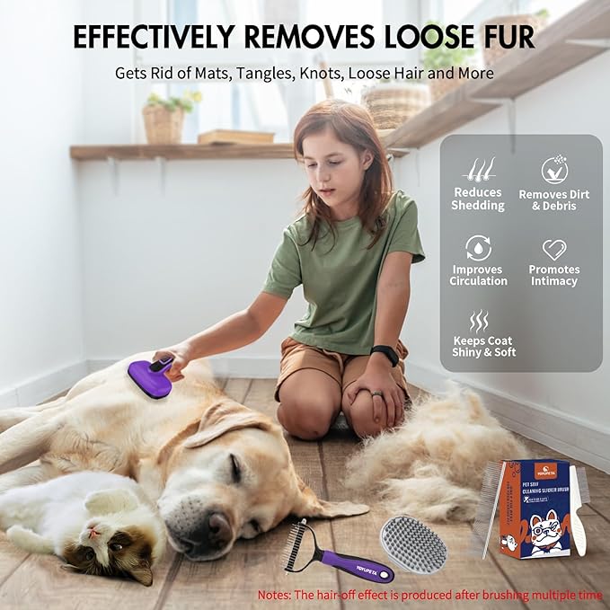 5 PCS Dog Grooming Brush Kit Self Cleaning Slicker Brush for Shedding Short & Long Haired Dogs & Cats. Removes Loose Fur, Undercoat, Mats, Tangles for Small, Medium & Large Pets. Purple