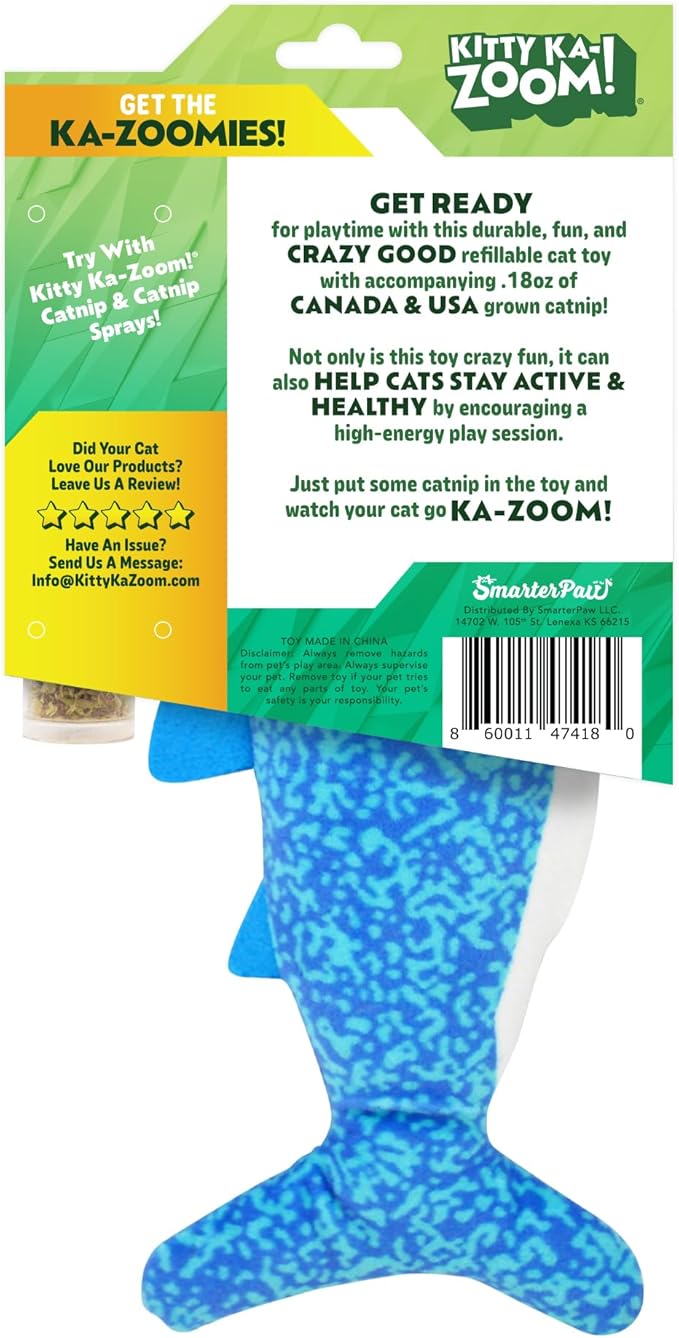 ZOOMIE Shark Kicker - Refillable Catnip Toy + Catnip | High Potency Hand Harvested Fresh | Soft Plush for Engaging Play