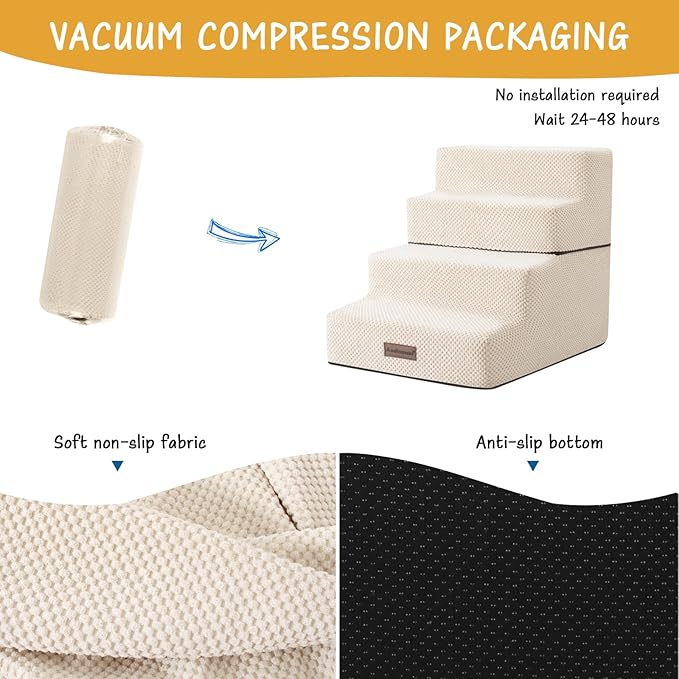 Dog Stairs for Small Dog, 4-Step Dog Steps for High Beds and Couch, Non-Slip Pet Stairs for Small Dogs and Cats,Dog Bed Stairs, Beige, 3/4/5 Steps