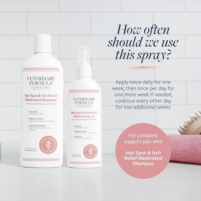 Veterinary Formula Clinical Care Hot Spot & Itch Relief Medicated Spray, 8oz Easy to Use Spray for Dogs & Cats Helps Alleviate Sensitive Skin, Scratching, and Licking of Coat (2 Pack)