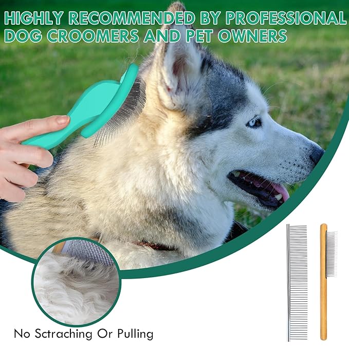 Large Green Dog Brush for Medium to Long Haired Pets - Slicker Brush Removes Loose Hair, Tangles and Knots, Best Grooming Tool for Small Animals, Free Pet Comb Included