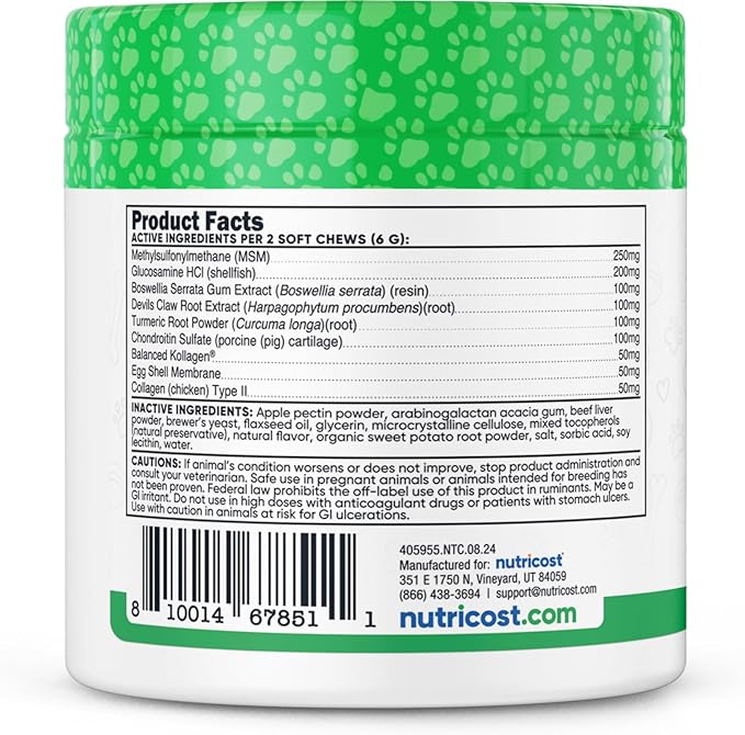 Nutricost Pets Hip & Joint Support Soft Chews for Dogs (Beef Flavored) 60 Soft Chews - Supports Healthy Joints & Mobility, NASC Certified