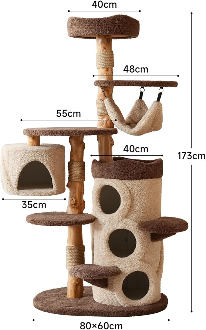 68 Inch Tall Mid Century Modern Solid Wood Cat Tree Tower for Indoor Cats Large Adult, Sturdy Heavy-Duty Cat Condo with Scratching Post, Perch, Scratcher, Platform, Cozy Hideaway (Brown, 68“H)