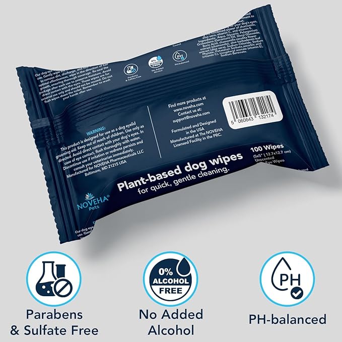 NOVEHA Dog Eye Wipes - Plant-Based Eye Wipes for Dogs - Formulated to Remove Eye Debris, Tear Stains & Eye Discharge - Safe, Convenient, and Large Unscented Wipes (300 Counts)