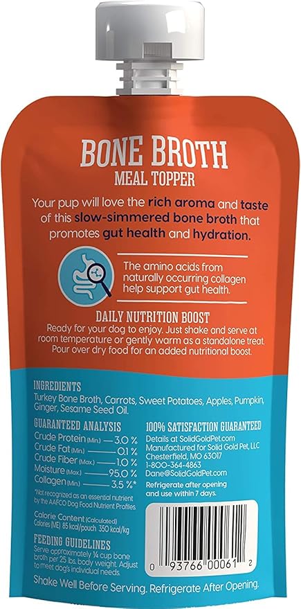 Solid Gold Turkey Bone Broth for Dogs - Grain Free Dog Food Topper Rich in Collagen and Superfoods - Nutrient Dense Dog Gravy Topper for Dry Food - Promotes Gut Health and Hydration - 12 Pack