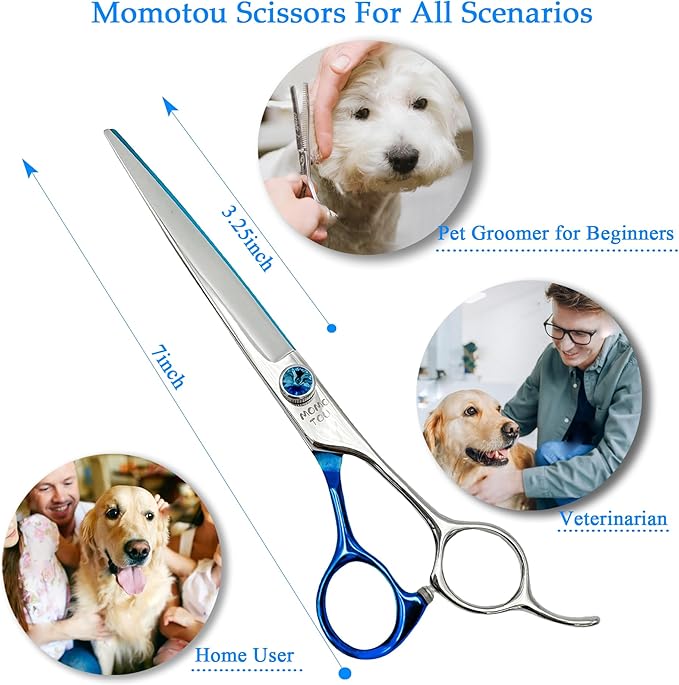 7'' Dog Grooming Scissors Set Straight Thinning Curved Chunker Shears 4pcs in 1 Set with Comb Dog Grooming Scissors Kit for Dogs and Cats