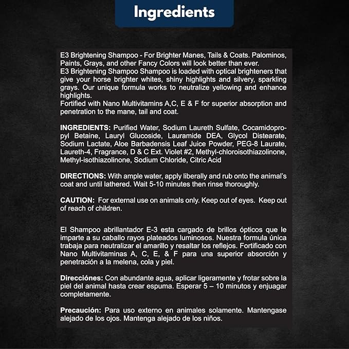 E3 Brightening Shampoo for Horses 32oz - Enhances Coat Color, Deep Cleansing, Moisturizes & Conditions, Gentle Formula, Vet Approved