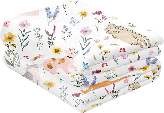Floral Throw Blanket Birthday Gift for Women Mom Girls Kids Cat Lover Cat Flower Blanket Summer Wildflower Flannel Blanket Watercolor Printed Throw for Couch Sofa Bed Chair 60"x80"