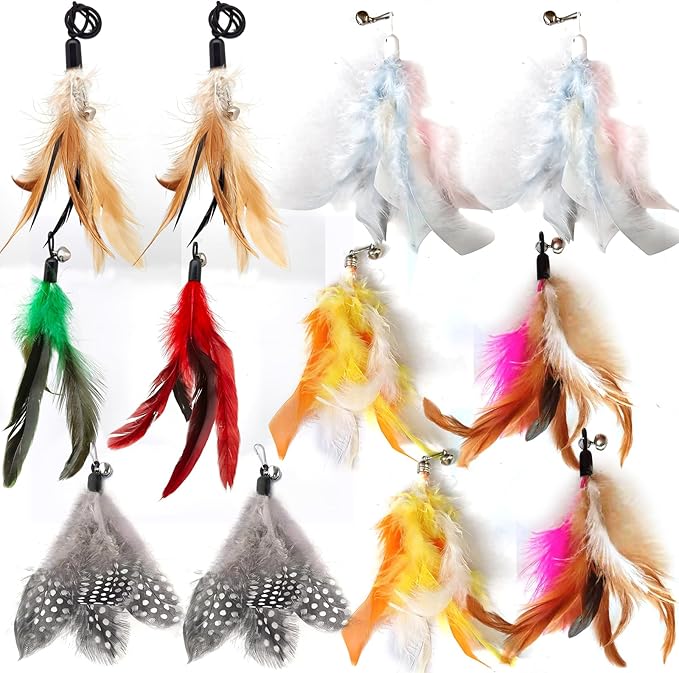 12 Pack Cat Wand Feather Toy Refills with Bells , Natural Feather Replacement for Interactive Teaser Toys, Colorful Wand Attachments, Durable and Safe Cat Toy Accessories for Exercise and Play
