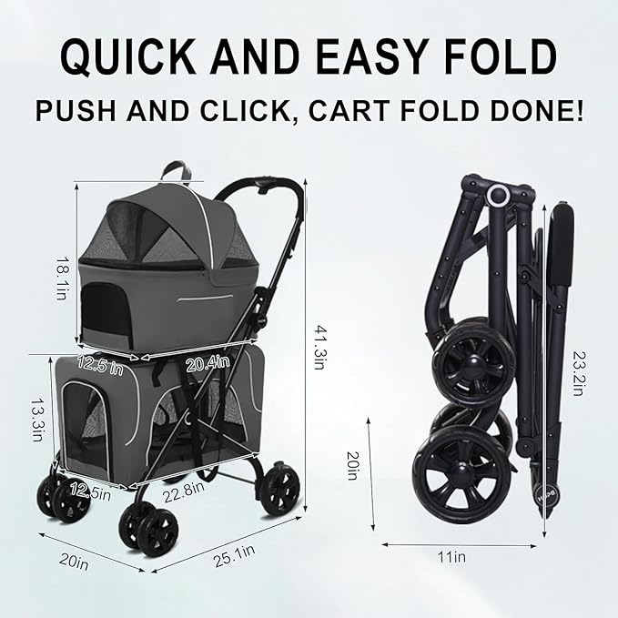 Double Dog Stroller, Foldable 3-in-1 Cat Stroller with 2 Detachable Carriers, Safety Belt, Washable Cover, Removable Pads, 4 Wheels Travel Pet Stroller for Small Medium Dogs (Grey)