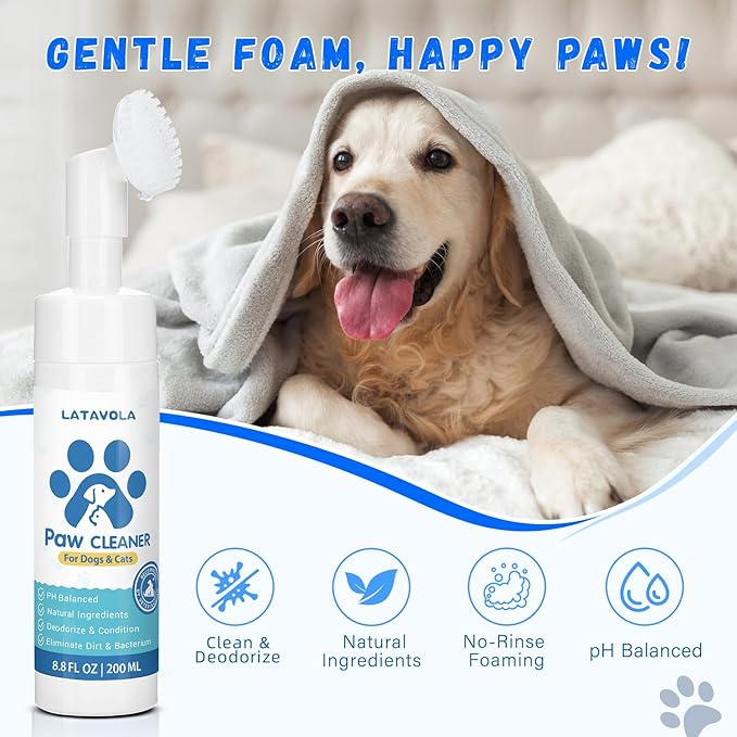 Dog Paw Cleaner, No-Rinse Foaming Cleanser, Moisturizing & Deodorizing Paw Wash with Silicone Bristle Brush, Deep Clean, Easy & Portable Paw Cleaner for Dogs