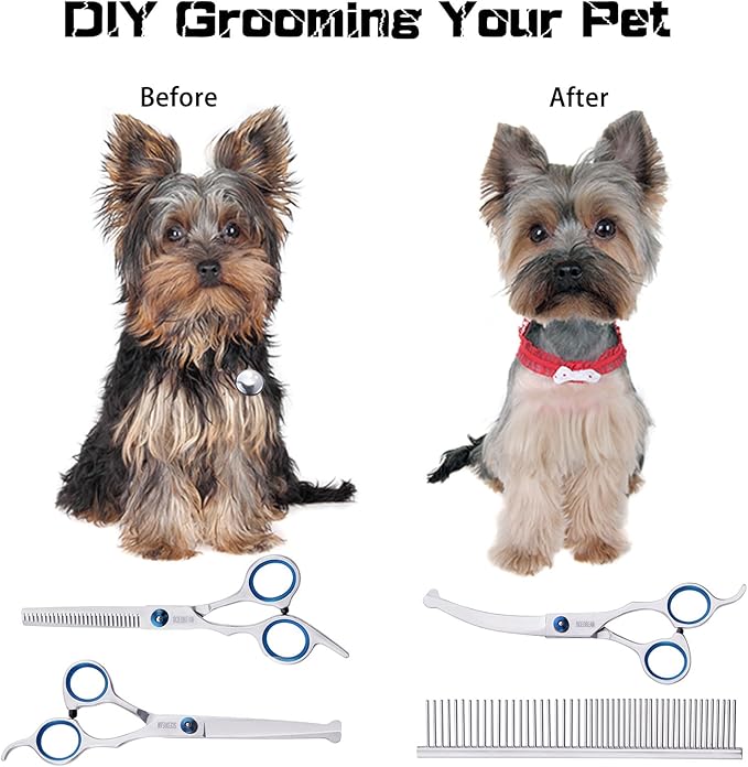 Dog Grooming Scissors for Dogs with Safety Round Tips, 5 in 1 Dog Scissors for Grooming, Professional Curved Pet Grooming Shears Set for Dogs and Cats