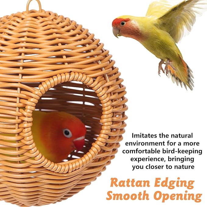 BNOSDM Rattan Bird Nest Parrot Nesting House Parakeet Nesting Soft Lovebird Warm Bed Sleeping for Parrots Bird Cage Accessories for Cockatiels Budgerigars Finches Canaries (Single-Hole Style)