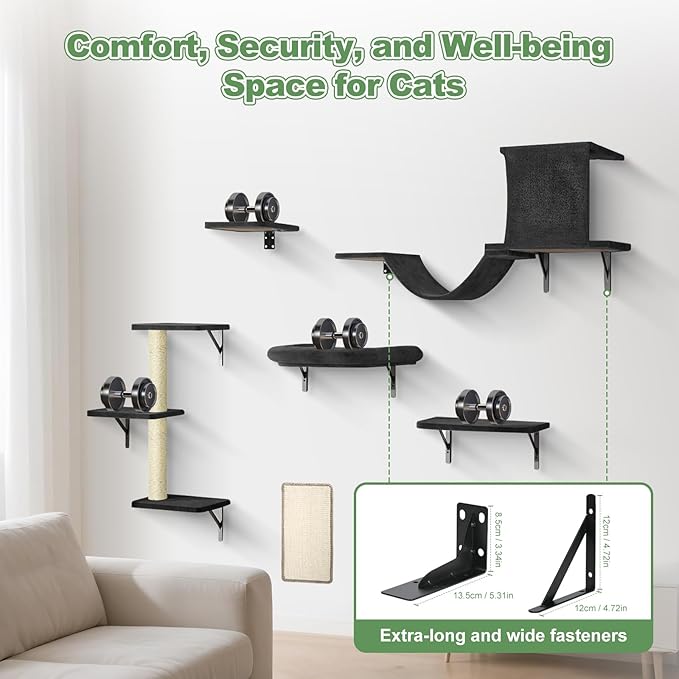 Cat Wall Shelves, Stable Safe 6 in 1 Cat Furniture Set Black, Wooden Climbing Wall with Scratching Post, Wall-Mounted Shelves & Play System