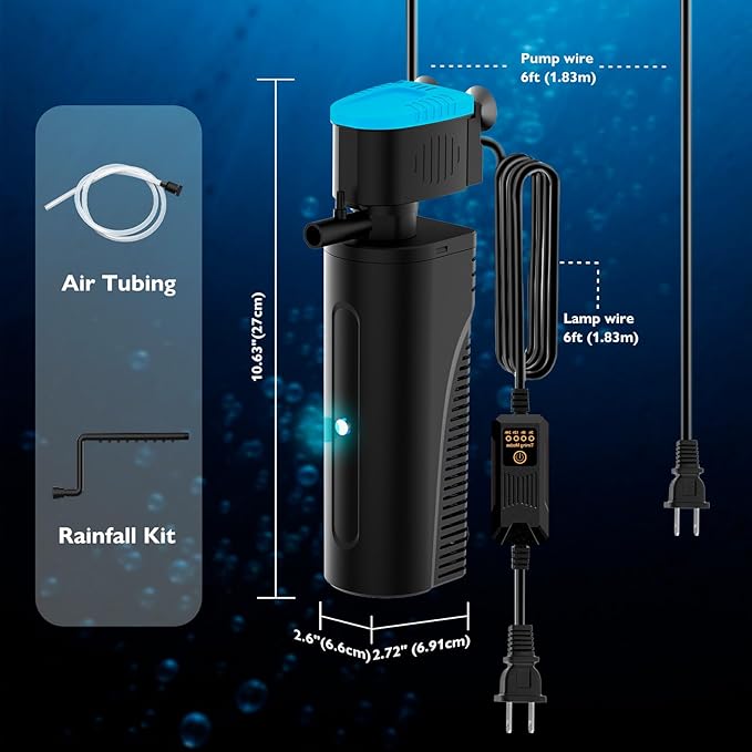 Aquarium Filter with Aeration & Rainfall Mode, U - V Fish Tank Filter with Timer (3/6/12/24 Hours) for Green Water Cleaning, Turtle Tank Filter with Efficient Filter Sponge (20-70Gal)