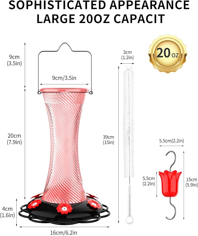 Hanging 20oz Glass Hummingbird Feeder with Moat, Small Outdoor Plastic Bird Feeder, Squirrel Proof, Ants, Outside Water Dispenser for Garden (Pink Glass Bird Feeder)