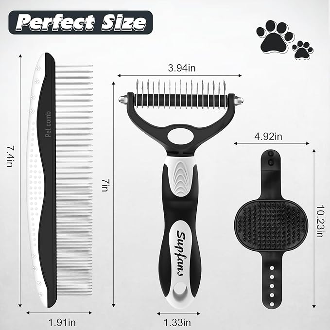 3PCS Premium Dog Grooming Kit - I Deshedding Brush & Metal Comb for Dogs & Cats (White Black)