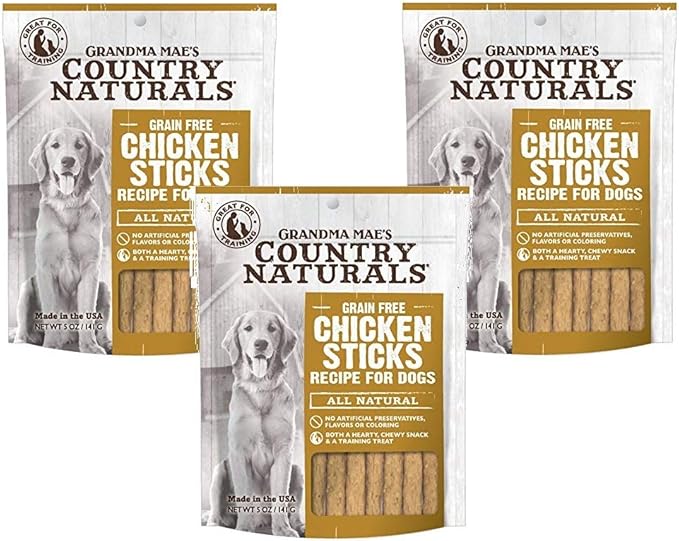 Grandma Mae's Country Naturals 3 Pack of Chicken Sticks Chewy Grain-Free Dog Treats, 5 Ounces Each3