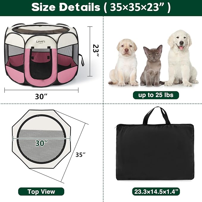 Love's cabin Pet Puppy Dog Playpen, Medium Dog Tent Crates Cage Indoor/Outdoor, Portable Playpen for Cat, Foldable Pop Up Dog Kennel Playpen with Carring Case, Removable Zipper Top, Pink