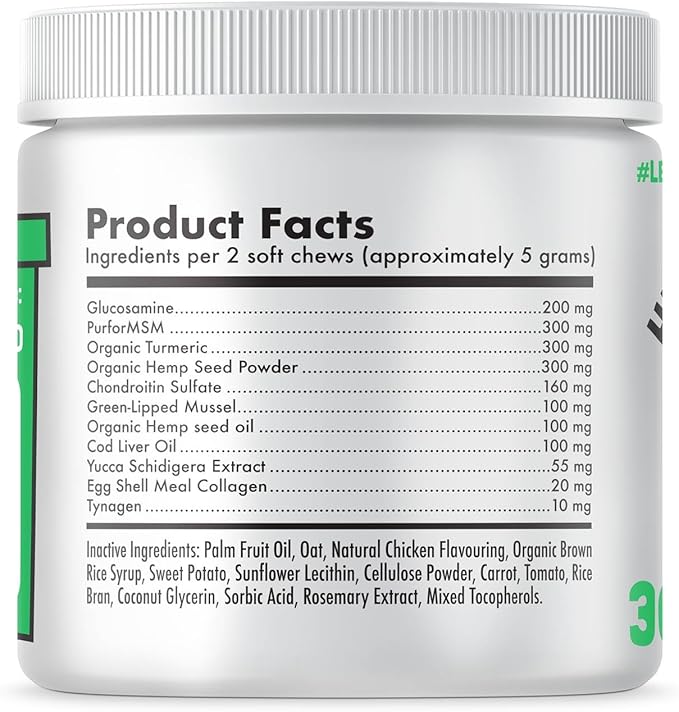 LEGITPET Hemp Hip & Joint Supplement for Dogs Soft Chews Made in USA Functional Glucosamine for Dogs Chondroitin MSM Turmeric Hemp Seed Oil Natural Pain Relief Mobility Advanced Joint 30 Treats