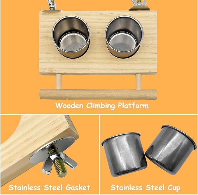 Tfwadmx Bird Feeding Dish Cups with Wooden Platform Hanging Stainless Steel Parrot Cage Feeder Bowl Wood Perch Stand for Parakeet Cockatiels Lovebirds Budgie (Small)