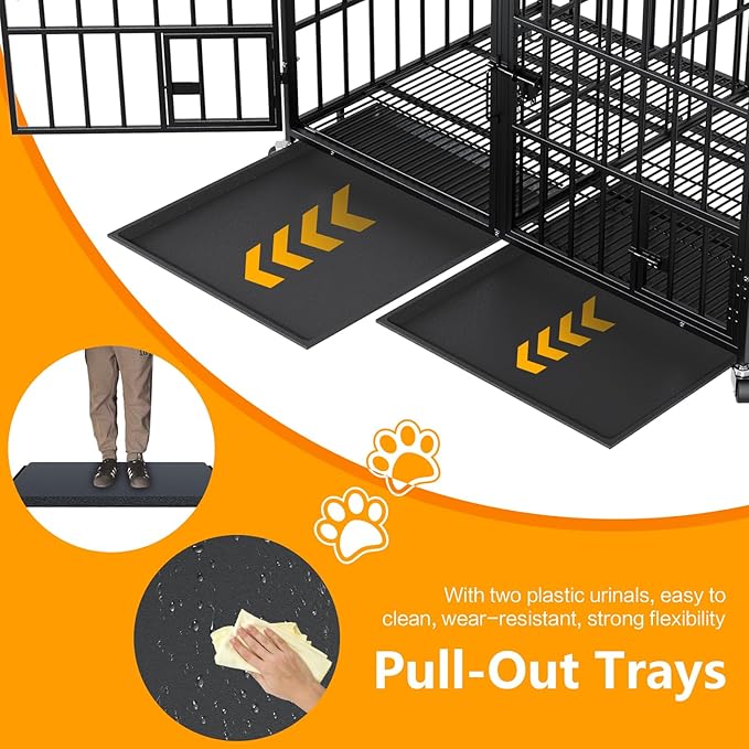 42 Inch Metal Dog Crate for Large Dogs,Heavy Duty Dog Cage Kennel Indoor with Divider Panel, Lockable Wheels, Indestructible Drop Cages for Dogs with Removable Tray, Escape Proof Locks