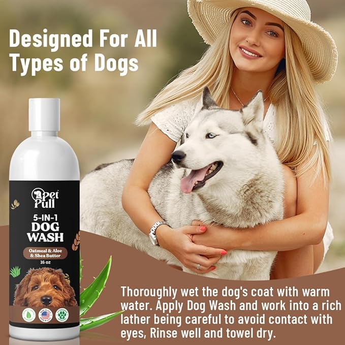 5-in-1 Dog Wash - Plant Based Dog Grooming Supplies for Dogs Cleanses - Skin Care Dog Wash Shampoo - Sulfate Free, All Natural Puppy Wash Made in USA (16 Fl Oz) (Oatmeal, Aloe, Shea-Butter)