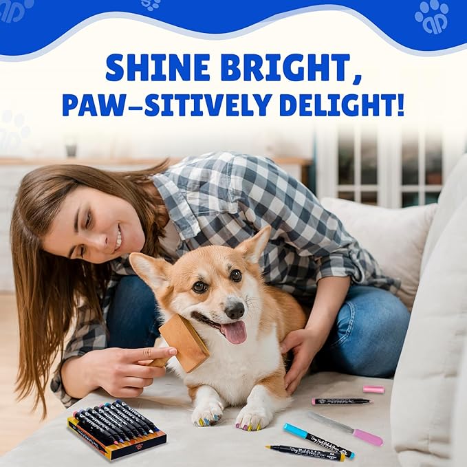 8 Metallic & Matte Colors Dog Nail Polish Pens Quick Dry with Dog Nail File, Non Toxic Glitter Dog Safe Nail Polish, Easy to Apply Pet Safe Accessories for Small and Large Puppies