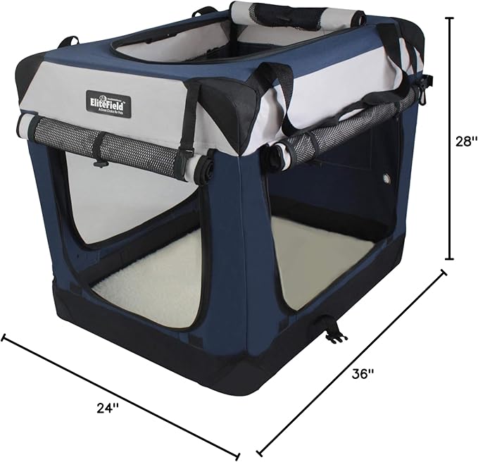 EliteField 4-Door Folding Soft Dog Crate with Curtains, Carrying Bag and Fleece Bed (2 Year Warranty), Indoor & Outdoor Pet Home (36" L x 24" W x 28" H, Navy Blue +Gray)