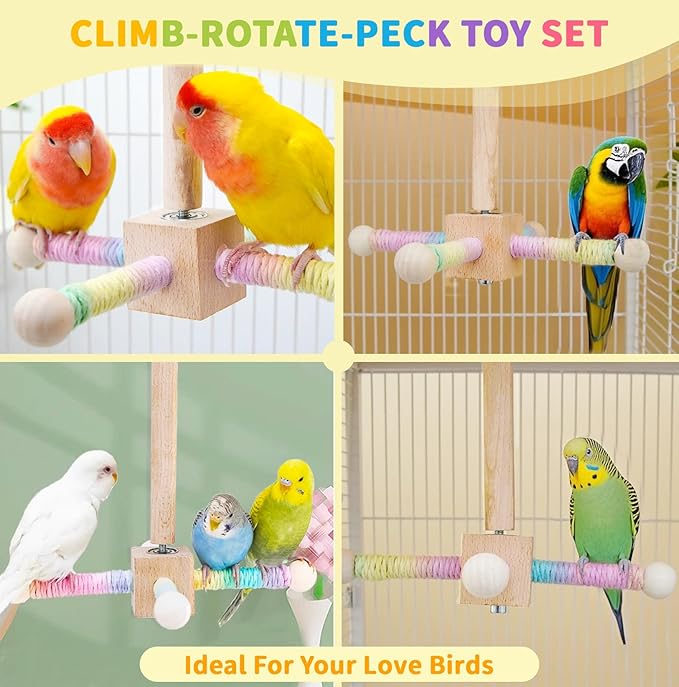 Bird Perch Toy for Parakeets Cockatiel, 360° Rotating Interactive Toy with Small Platform for Parrots Budgie Conures Play Exercise Stand, Enrichment Wooden Bird Cage Accessories -Flower