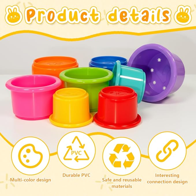 8 Pcs Stacking Cups for Small Animal Toys,Nesting Rabbit Toys of Different Sizes,Safe Plastic Colorful Nesting Toys for Bunny Guinea Pig Hiding Food and Playing (Bright Colors)