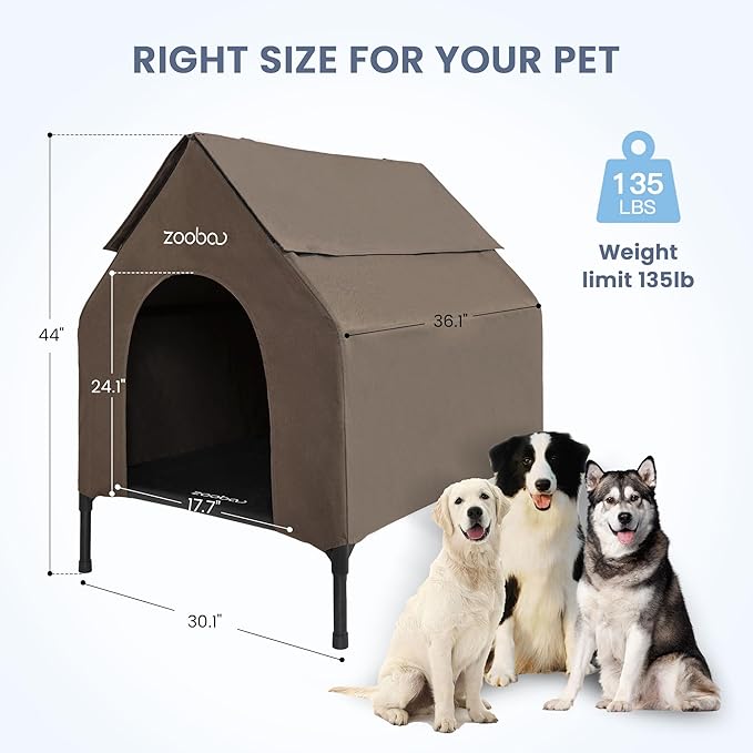 36" Large Dog House, Dog House for Large Dog Indoor or Outside, Weatherproof 600D PVC Dog House Outdoor, Featuring Breathable 2x1 Textilene Elevated Dog Bed, Easy Clean(Brown)