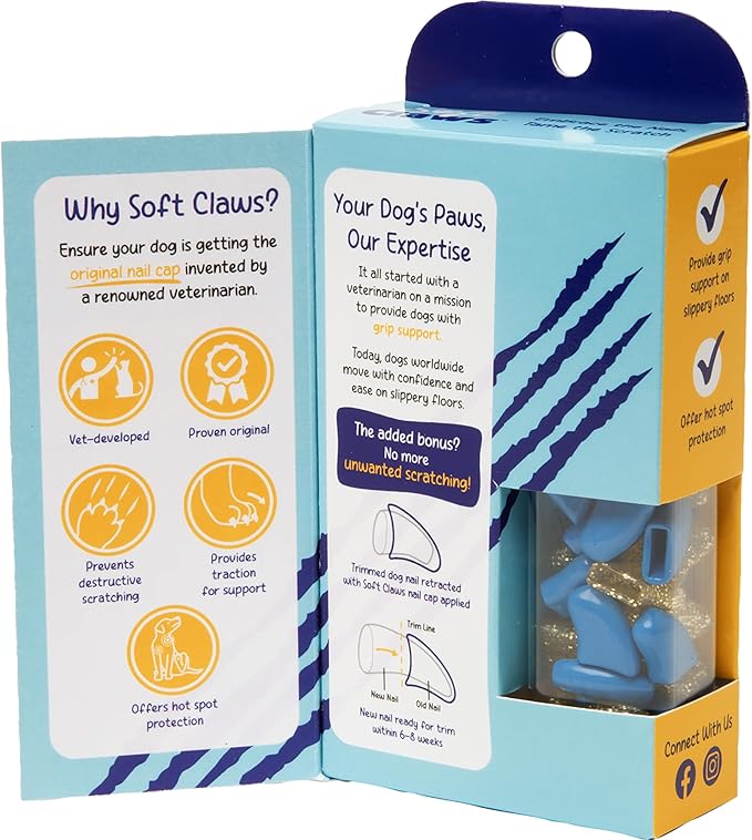Soft Claws Nail Caps for Dogs with Non-Slip Design Made in USA - 40 Dog Nail Covers for Long-Lasting Protection of Floors and Furniture - Blue & Gold Sparkle, XXL