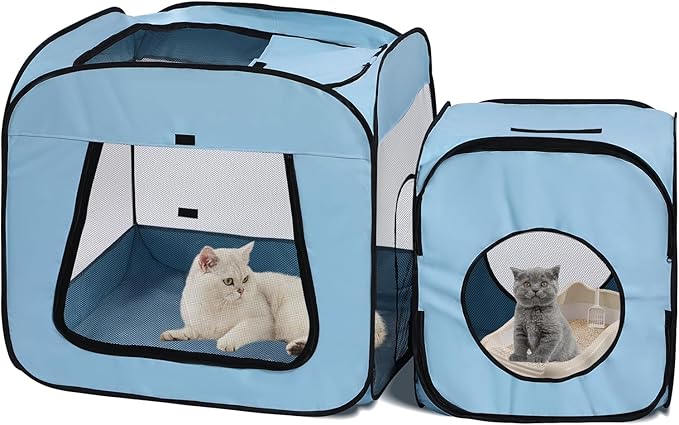 Royizen Puppy Cat Tent Playpen Foldable Waterproof Dog Crate Kennel Indoor Outdoor Portable Playpen Kitten and Small Pets Pop Up Kennel Cat Travel Carrier with Litter Box Enclosure, Light Blue