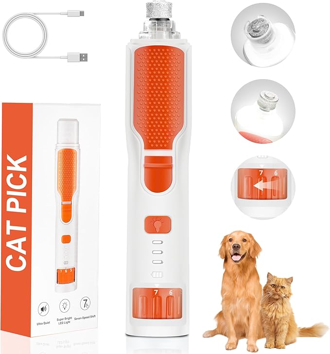 7-Speed 360° LED Strong Light Dog Nail Grinder Quiet Cat Nail Grinder Dog Nail Trimmers for Large Medium Small Dogs Cats Pets Claw Trimmer Quick Sensor