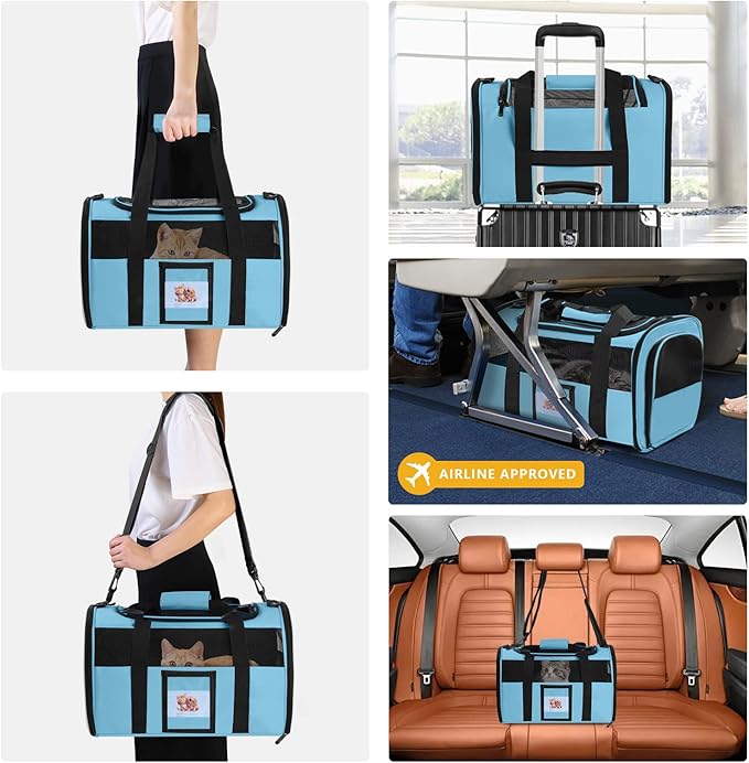 Cat Carrier Dog Carriers Airline Approved for Small Dogs, Kitten, Carriers for Small Medium Cats Under 15lb, Collapsible Soft Sided TSA Approved Pet Travel Carrier-Blue