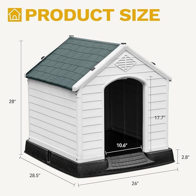 DWVO Robust Weatherproof Dog House, Indoor & Outdoor Safe Haven for Small to Medium Dogs, Easy Assembly & Cleaning (28.5''L*26''W*28''H, Grey)